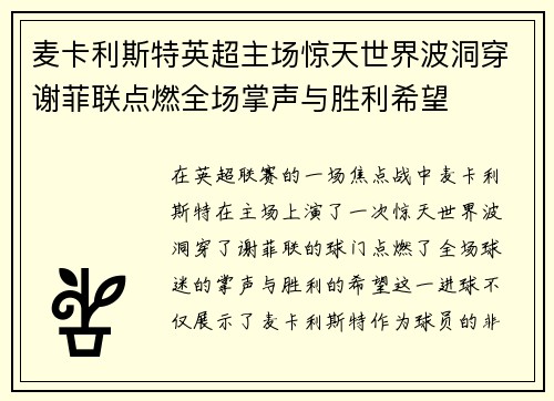 麦卡利斯特英超主场惊天世界波洞穿谢菲联点燃全场掌声与胜利希望