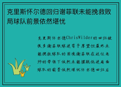 克里斯怀尔德回归谢菲联未能挽救败局球队前景依然堪忧 克里斯怀尔德回归谢菲联未能挽救败局球队前景依然堪忧